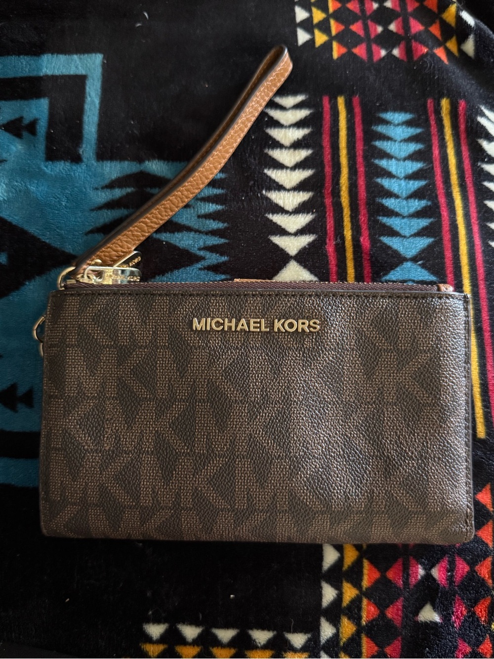Michael Kors Brown Logo Zip Wristlet with Gold Hardware